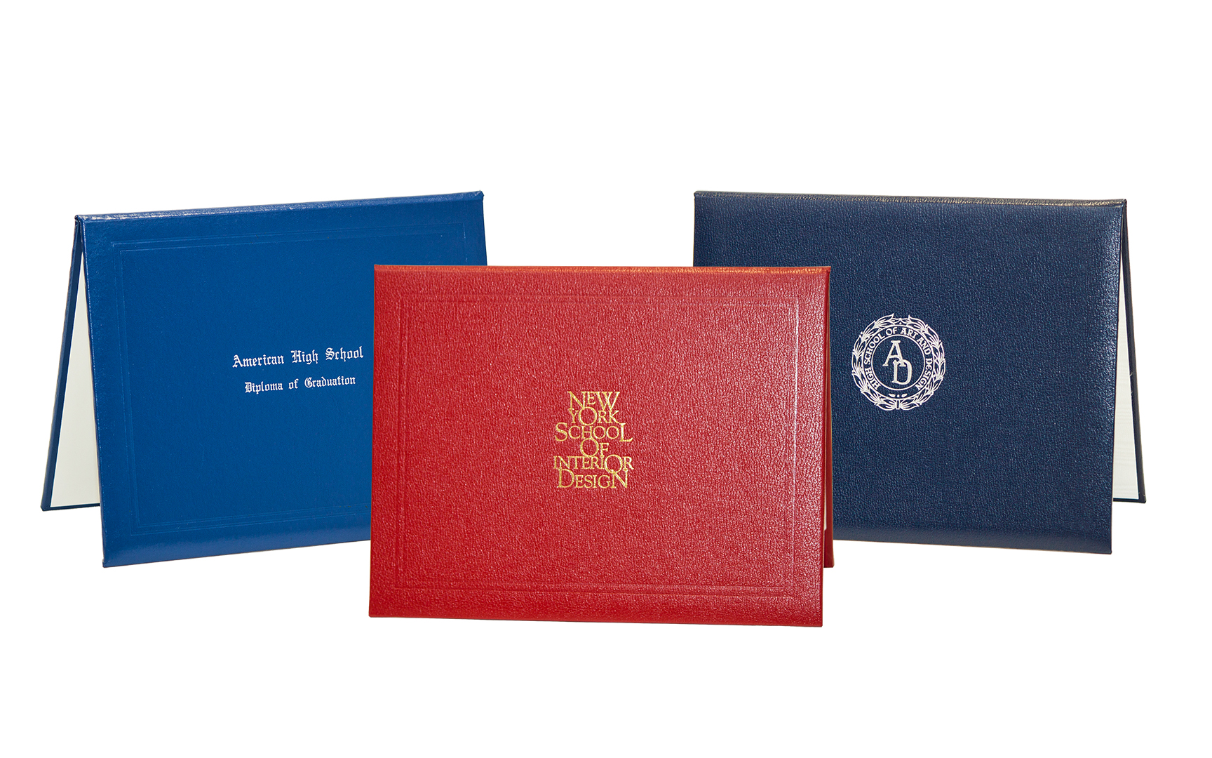 Custom red, blue and navy Foster-Gordon diploma covers