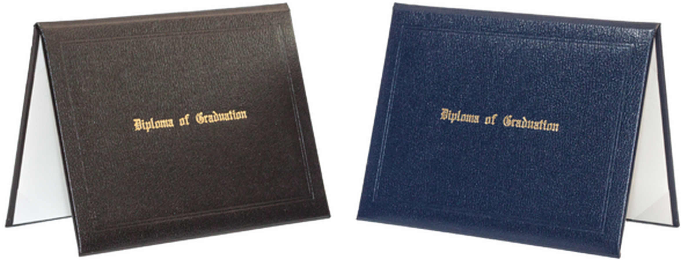Black and navy blue stock diploma covers stamped Diploma of Graduation in gold foil